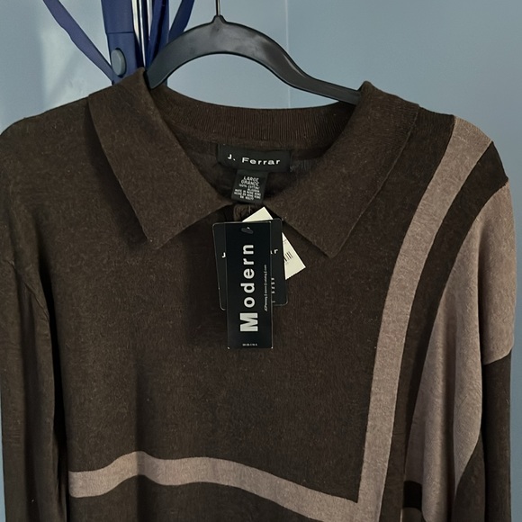 NWT J. Ferrar 100% Cotton Brown Two Button Collard Long Sleeved Sweater - Picture 2 of 6